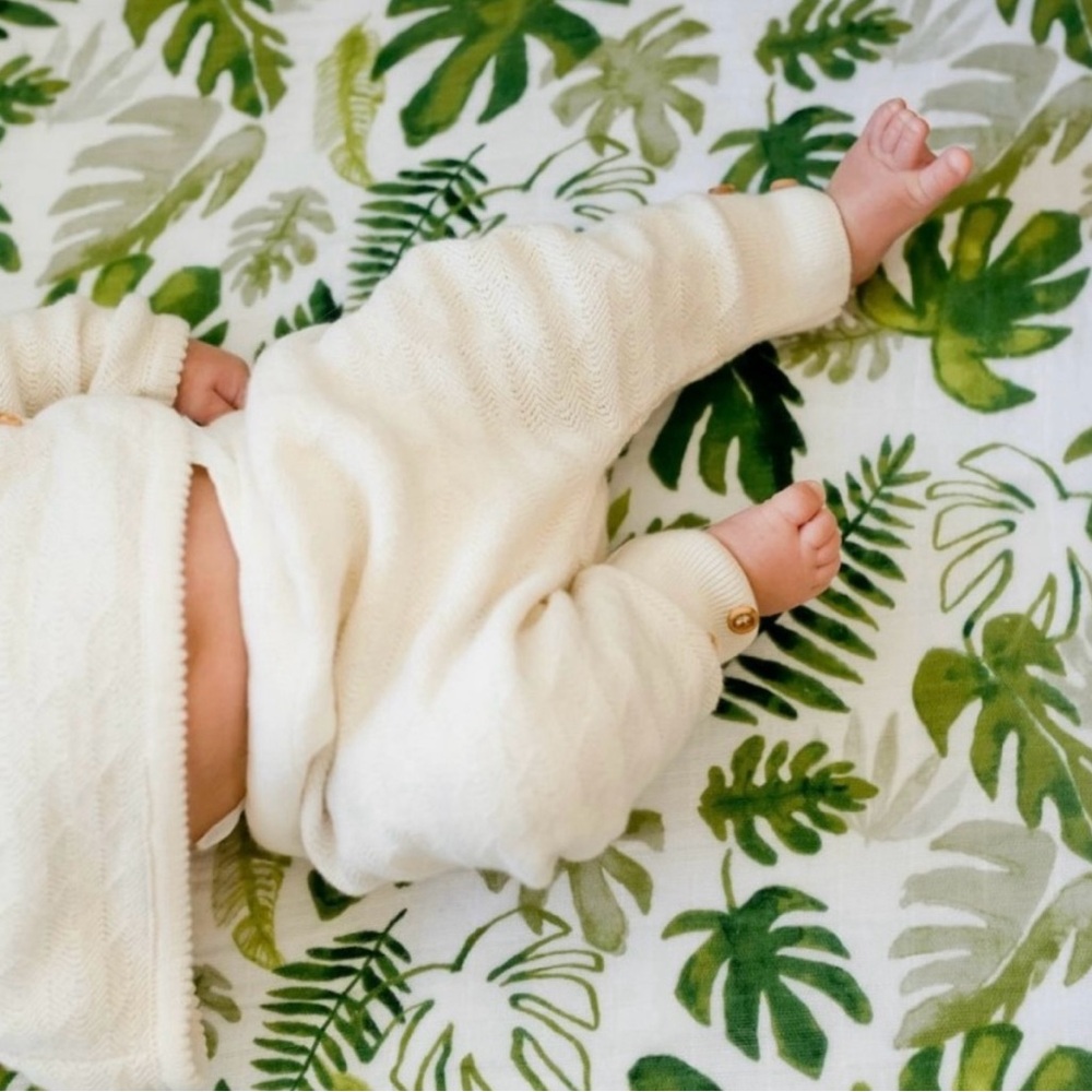 Little Unicorn muslin 100% cotton crib sheet palm plant leaf print